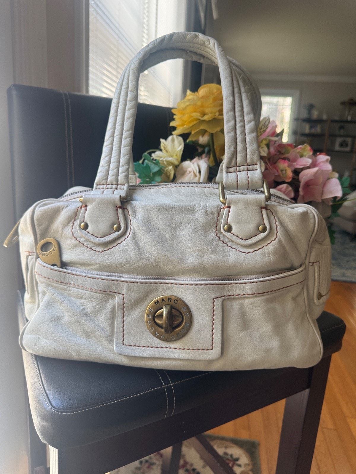 Marc Jacobs Ivory Soft Leather Turnlock Satchel Bag (150